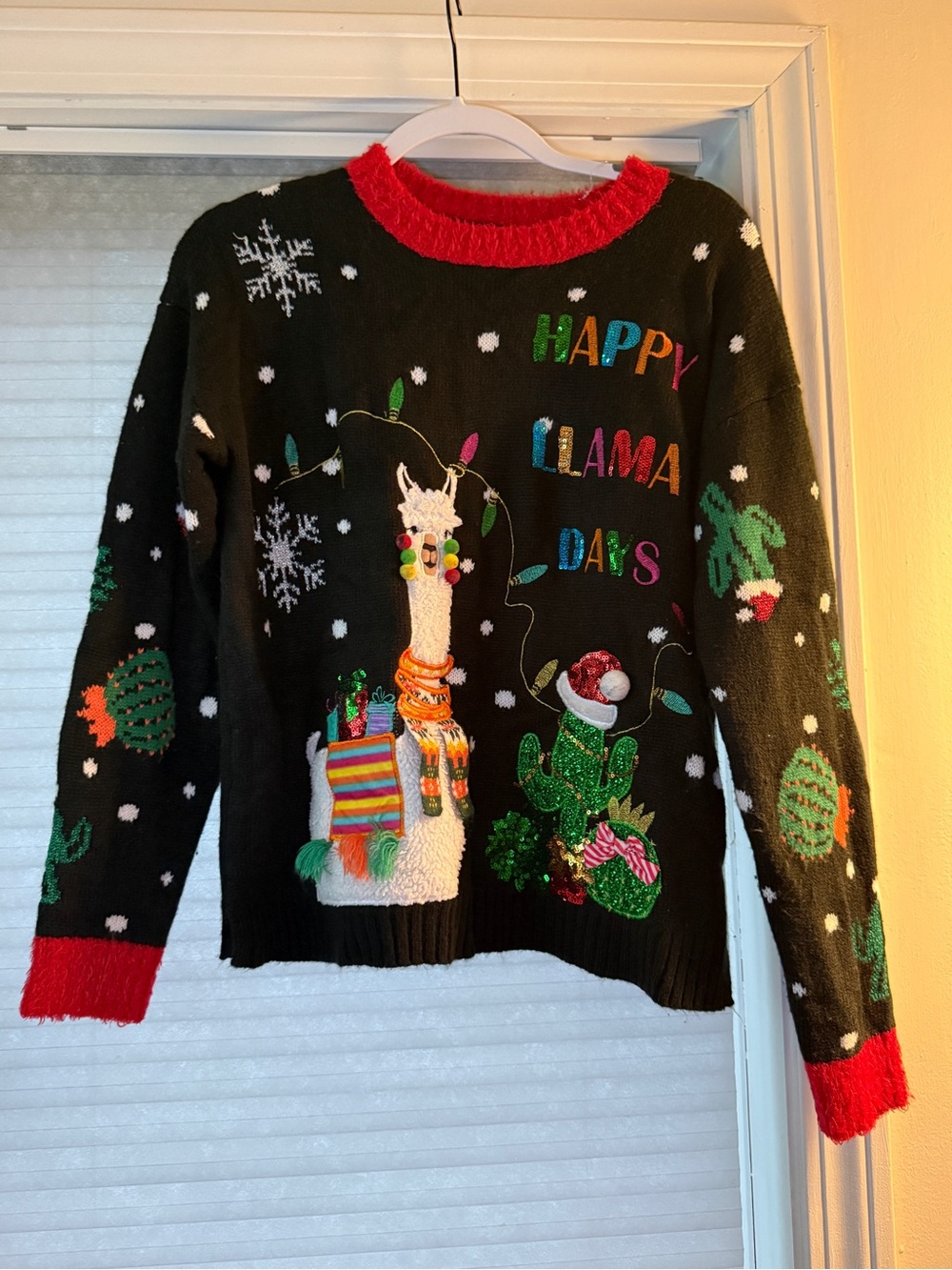 Holiday Time Black Llama Holiday Sweater with Red Trim